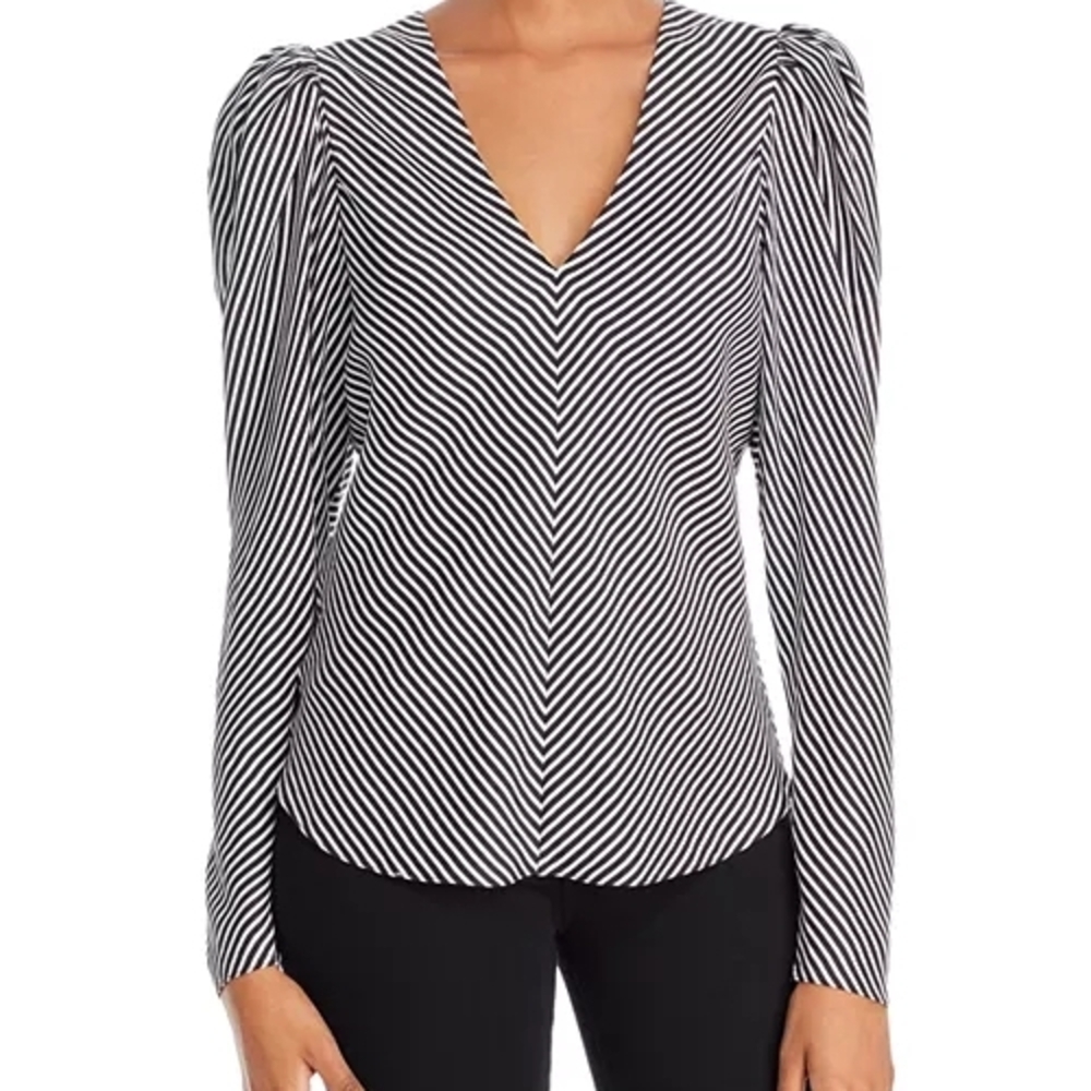 Frame Denim Striped V-Neck Ruffle Sleeve Blouse